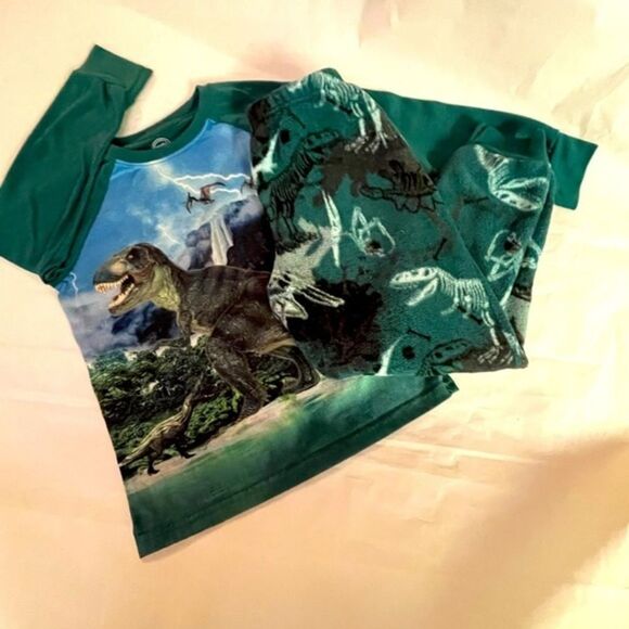 BOY’S sz 8 2-piece Wonder Nation glow in the dark green dinosaur fleece pajamas - Picture 1 of 15
